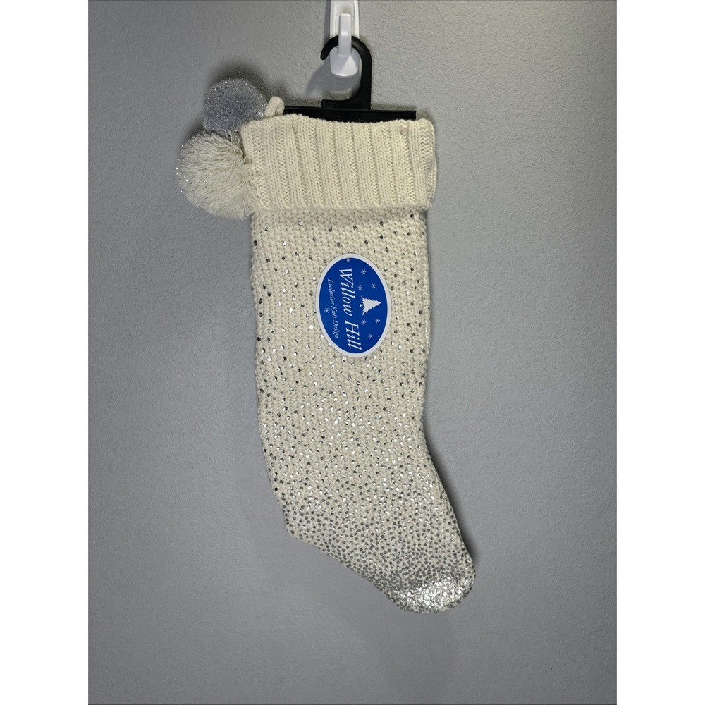 Willow Hill Exclusive Knit Stocking Large Cream Silver Christmas Holiday Decor